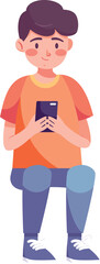 Fototapeta premium Boy with Smartphone: A cartoon boy intently focused on his smartphone, seated with legs crossed, ready to depict the young, tech-savvy generation.