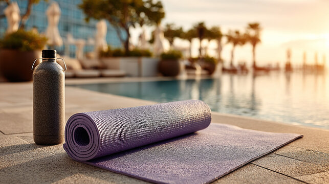 A yoga mat and water bottle placed poolside with a blurred background of palm trees and sunset glow.
