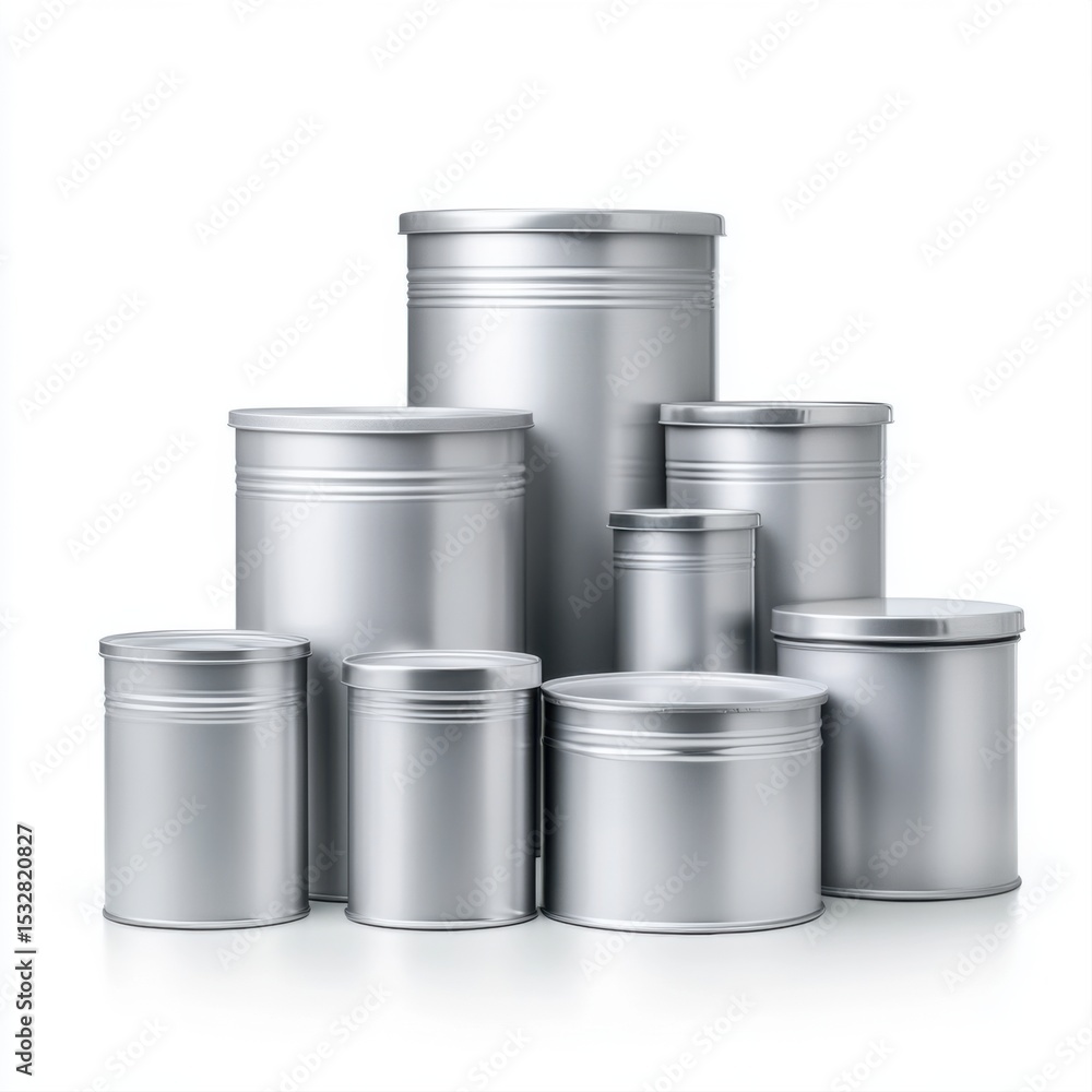 Poster array of silver metal containers in various sizes for storage and organization
