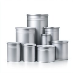 Array of Silver Metal Containers in Various Sizes for Storage and Organization