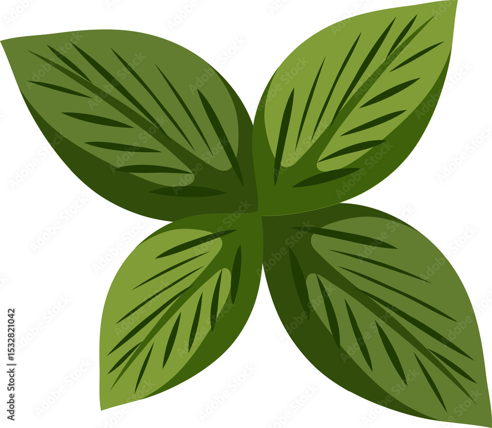 Poster displaying flat design with four symmetrical green leaves showing veins on transparent background