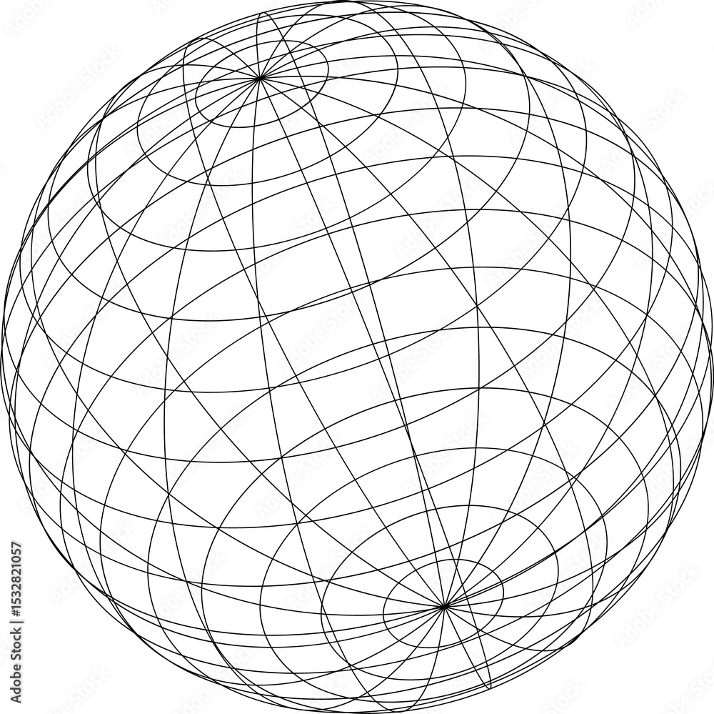 Poster flat design wireframe sphere is floating in transparent background, showing thin spherical grid