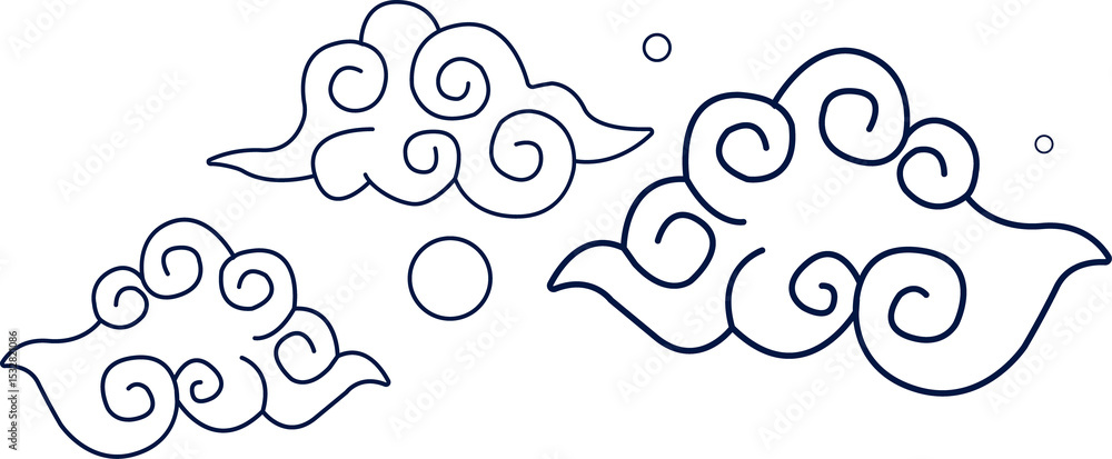 Poster three stylized clouds are floating in flat design with swirls and circle, transparent background