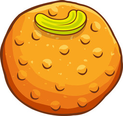 Flat orange cookie is being shown on transparent background featuring chip bumps and curved nut