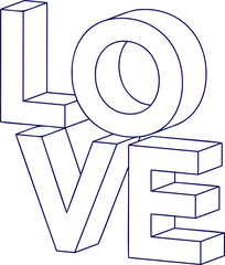 Isometric block letters spelling LOVE are floating on transparent background, showing 3D outline