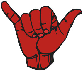 Displaying red hand shaka sign flat decal with black lines, white border on transparent background