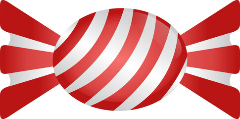 Hard candy twisting, showing glossy highlights and striped twist wrapper on transparent background