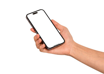 Close-up of hand showing modern smartphone with blank screen isolated.