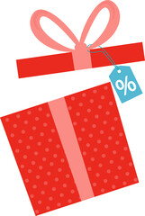 3D polka dot gift box is floating, lid lifted, pink bow, discount tag on transparent background