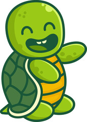 Anthropomorphic cartoon turtle is waving on transparent background, using flat design bright colors