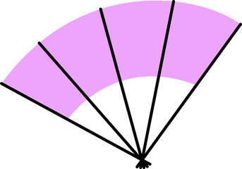 Flat design is showing folding fan with five purple segments, black ribs on transparent background