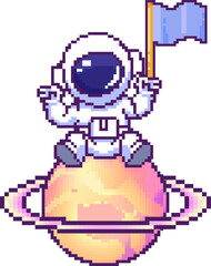 Naklejka premium Pixel art astronaut sitting on purple-ringed planet waving blue flag against transparent backdrop