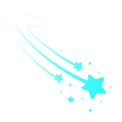 Abstract flat depicting cyan shooting star with stars and curved streaks on transparent background