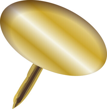 Golden pushpin floating at angle in 3D showing reflective sheen, transparent background, copy space