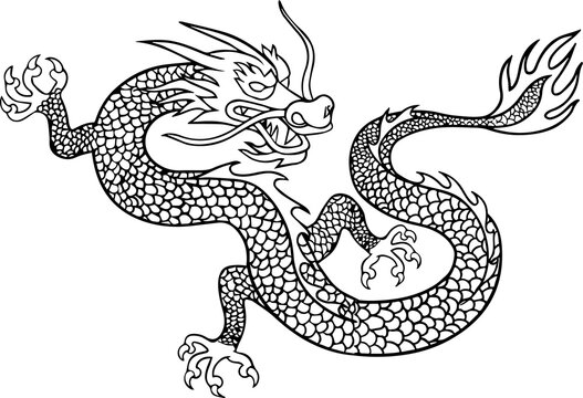 Mythical Eastern dragon is undulating in black line art, showing scales on transparent background