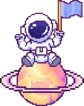 Naklejki Pixel art astronaut sitting on purple-ringed planet waving blue flag against transparent backdrop