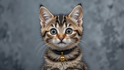 Fototapeta premium Adorable Wide-Eyed Tabby Kitten with Collar and Bell on Gray Background