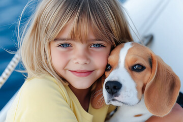 Girl happy smiling 5-7 years old in yellow T-shirt on the background of the blue sea hugs a puppy beagle breed