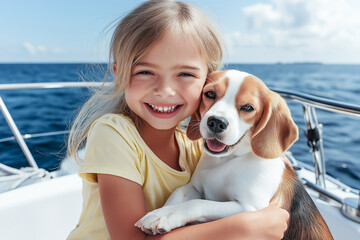 Girl happy smiling 5-7 years old in yellow T-shirt on the background of the blue sea hugs a puppy beagle breed