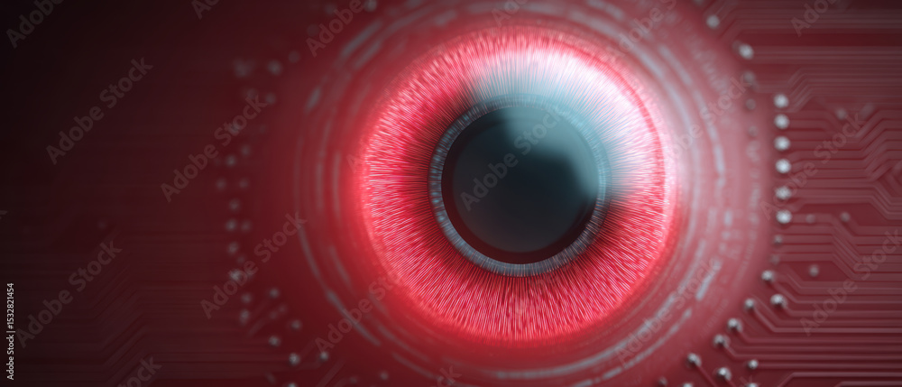 Poster digital eye with red iris and circuit patterns symbolizes technology and innovation