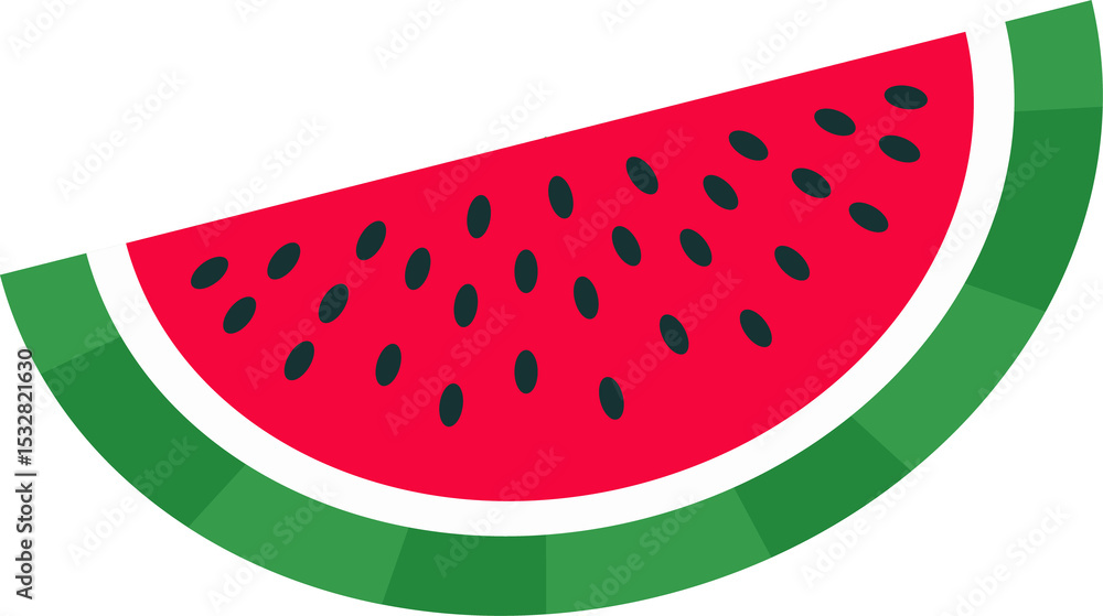 Poster flat stylized watermelon slice is floating on transparent backdrop showing red flesh and green rind
