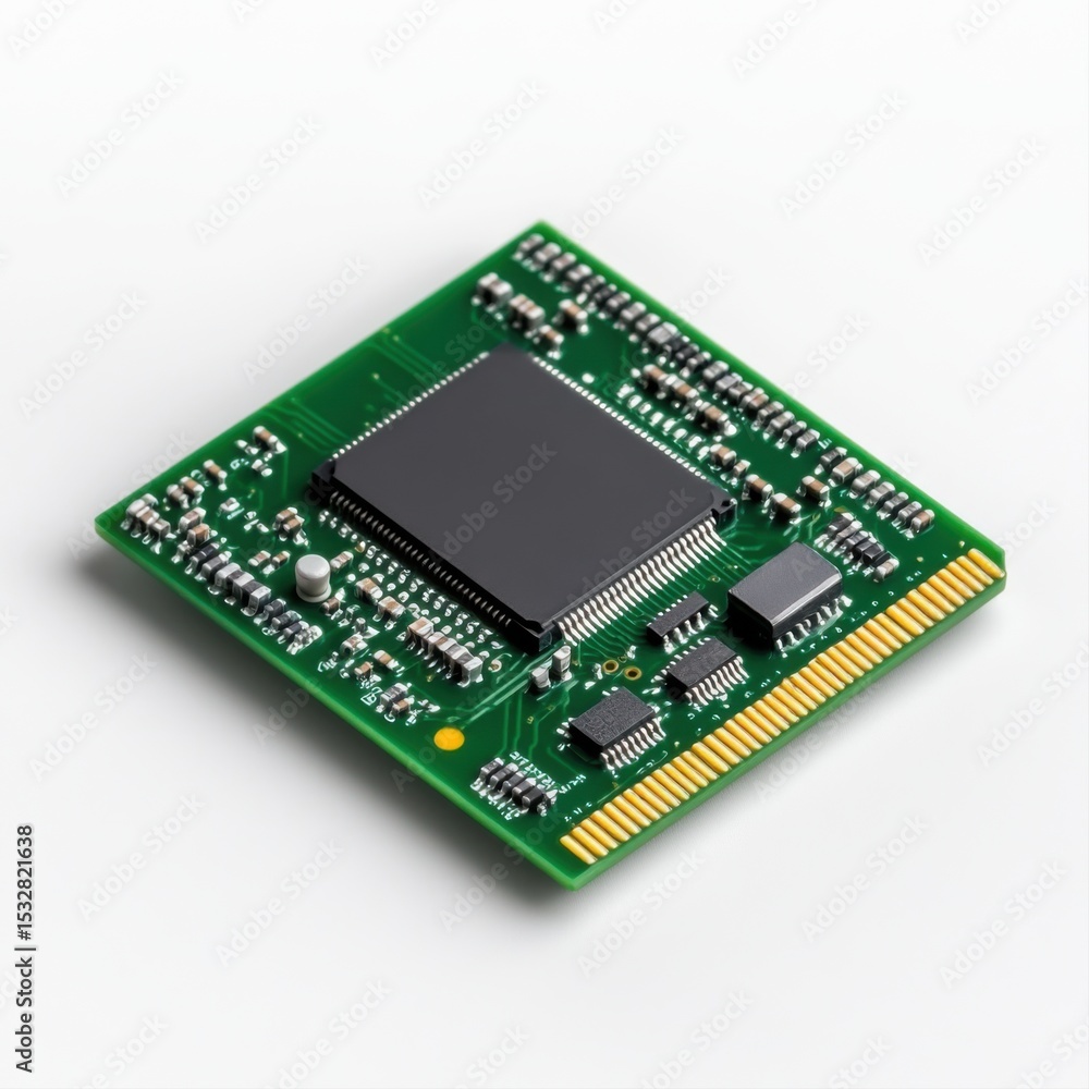 Poster close-up of microchip and circuit board on white background