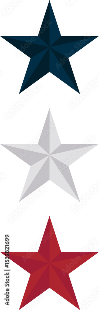Poster three stylized five-pointed 3d stars are being displayed in 3d render on transparent background