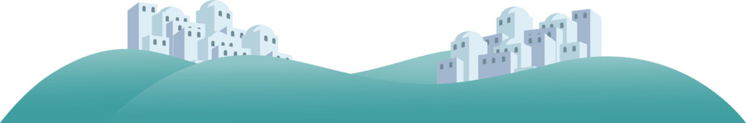 Flat illustration is showing layered green hills with white domed buildings, transparent background