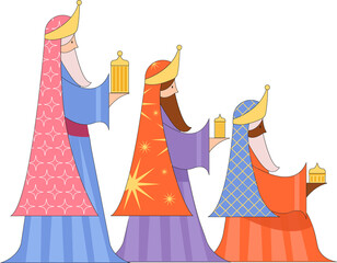 Flat design is showing three magi wearing robes and crowns holding gifts on transparent background