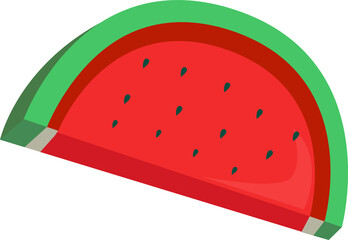 Showing flat design watermelon wedge with green rind, red flesh and seeds on transparent background