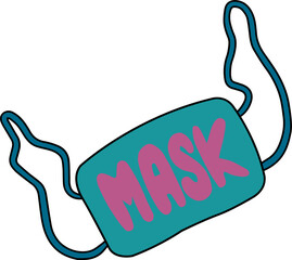 Flat design face mask is showing bold pink letters on teal with ear loops, transparent background