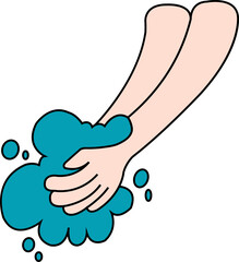 Flat vector forearms and hands lathering soap with teal bubbles splashing on transparent background