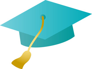 Flat design teal mortarboard graduation cap with gold tassel hovering on transparent background