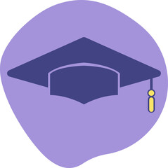 Stylized graduation cap is floating on lavender blob with yellow tassel, transparent background