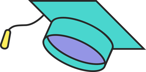 Mortarboard cap is being shown in flat icon, turquoise board, yellow tassel, transparent background