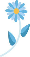 Flat design flower is drifting on clear backdrop with yellow center blue petals stem and leaves