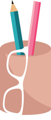 Peach cup is holding teal and pink pencils, white glasses in flat design on transparent background