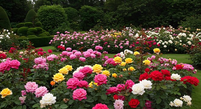 Mixed roses different colors landscaped flower bed rose garden variety blooming together