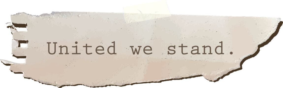 Fototapeta Showing torn paper with typewriter font United we stand taped at top floating on clear background