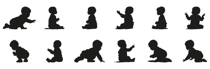 Baby Poses In Silhouette Set. Infant Development And Movement Symbol Collection. Parenting And Childcare Use. Isolated Vector Illustration
