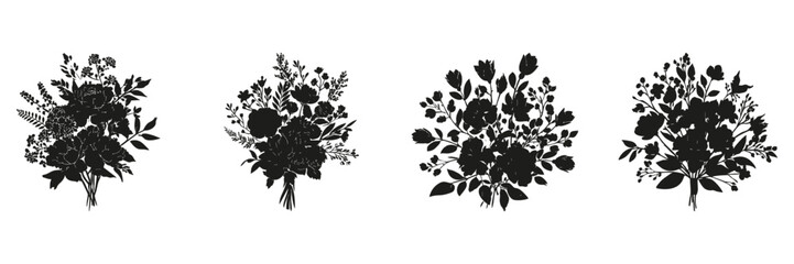 Floral Bouquet Silhouettes In Icon Set. Botanical Arrangement And Nature Decoration Symbol Collection. Design And Decorative Use. Isolated Vector Illustration