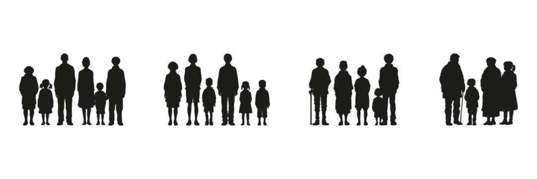 Family Group Silhouettes In Solid Icon Set. Generational Bonding And Social Connection Symbol Collection. Educational And Social Use. Isolated Vector Illustration