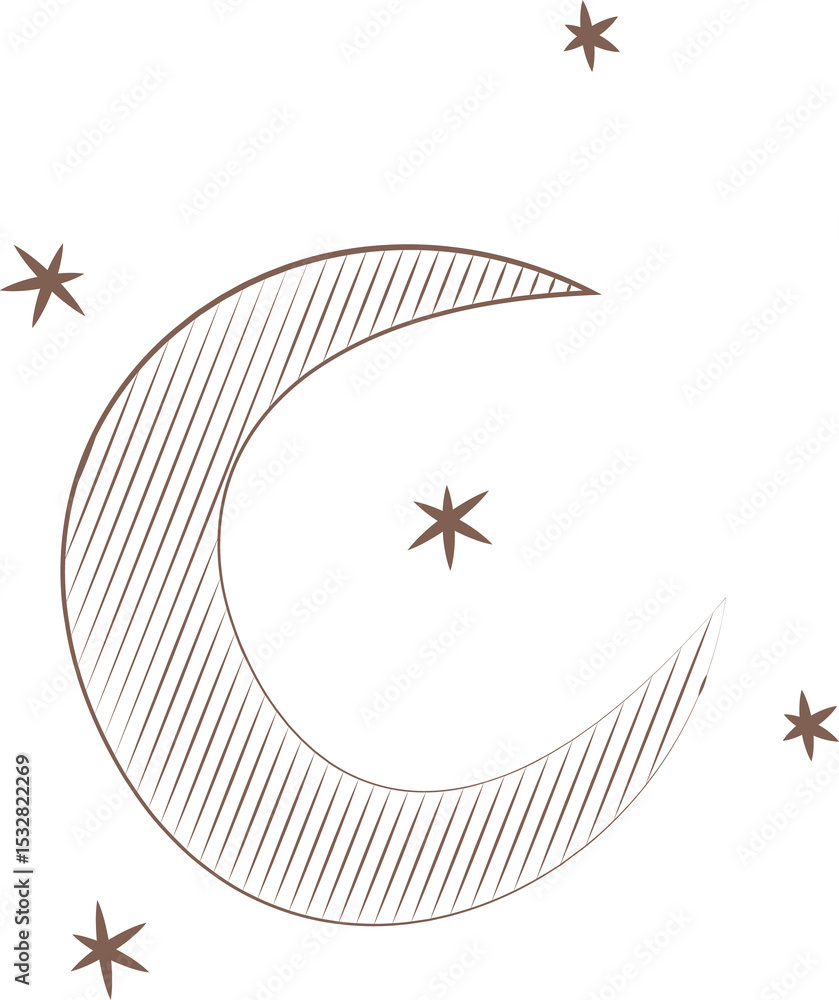 Aufkleber flat design is showing crescent moon floating on transparent background, hatch pattern, five stars