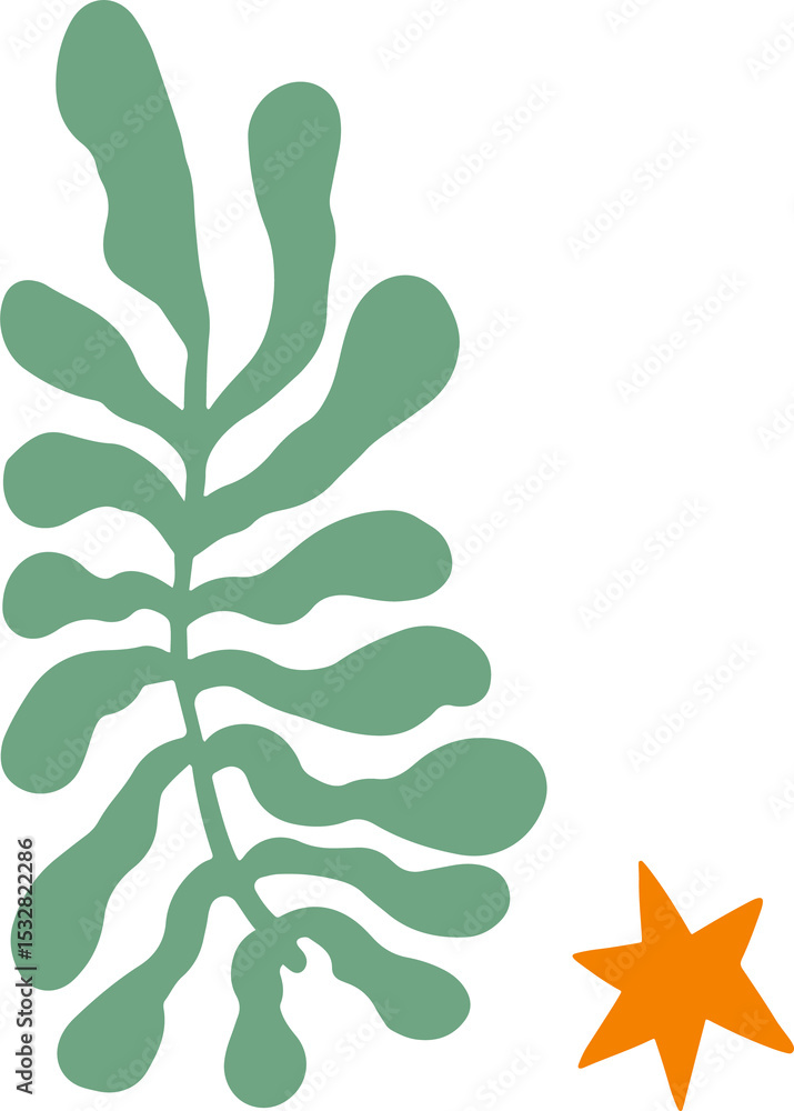 Poster abstract leaf is floating in flat design with green lobes and orange star on transparent background