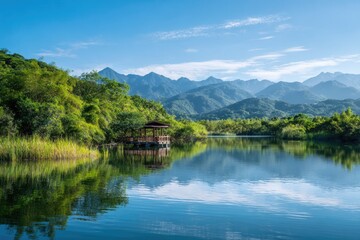Fototapeta premium Serene mountain lake reflecting a tranquil wooden gazebo, lush greenery lining the calm waters under a clear blue sky
