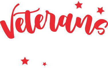 Flat Veterans Day lettering is floating amid red and white star shapes on transparent background