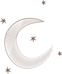 Fototapeta premium Flat design is showing crescent moon floating on transparent background, hatch pattern, five stars