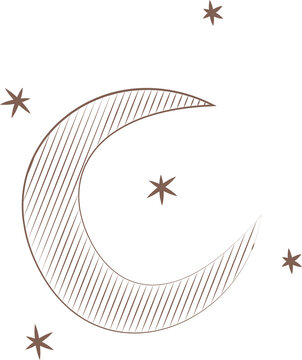 Naklejki Flat design is showing crescent moon floating on transparent background, hatch pattern, five stars