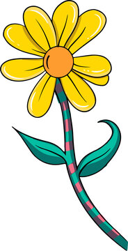Fototapeta Cartoon flower is floating on transparent background: yellow petals orange core striped stem leaves