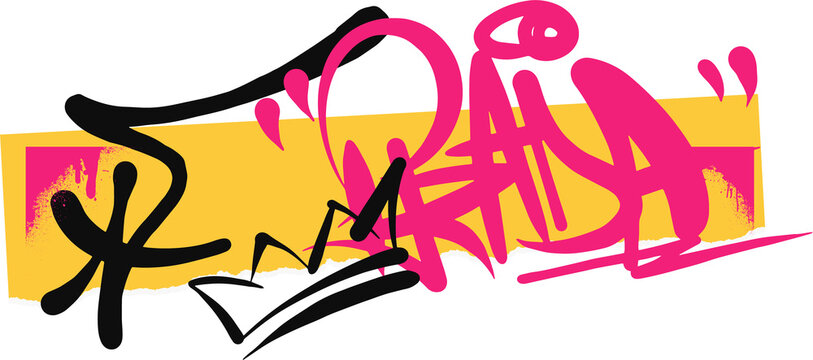 Fototapeta Graffiti tag is floating on transparent background with pink letters and torn yellow paper